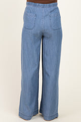 maternity wear light blue wide leg pants with an elastic waistband and back pockets, shown from the back