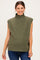 woman wearing a green sleeveless maternity sweater with a mock neck and relaxed fit, smiling against a neutral background