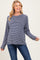 woman wearing a navy and white striped maternity long sleeve top and showing her baby bump