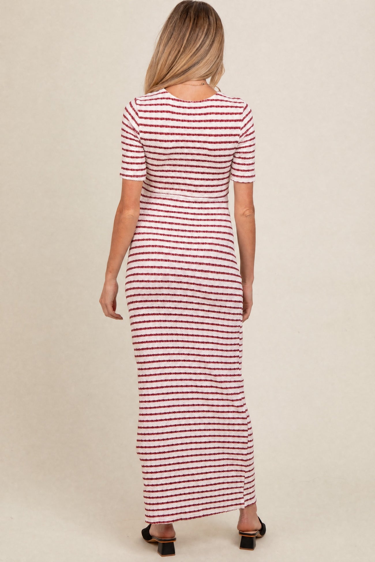 Cream/ Burgundy Striped Knit Short Sleeve Maternity Maxi Dress