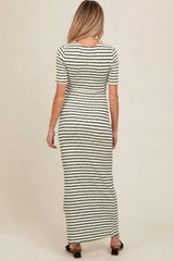 Cream/ Olive Striped Knit Short Sleeve Maternity Maxi Dress