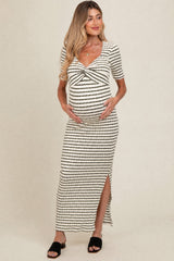 Cream/ Olive Striped Knit Short Sleeve Maternity Maxi Dress