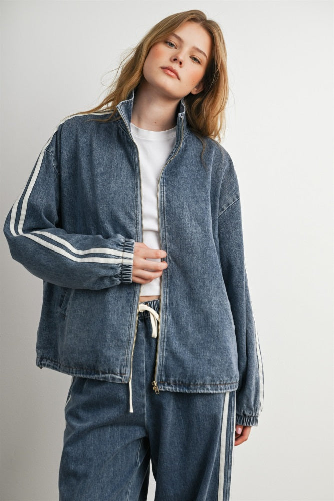 Medium Denim Oversized Zip-Up Track Jacket