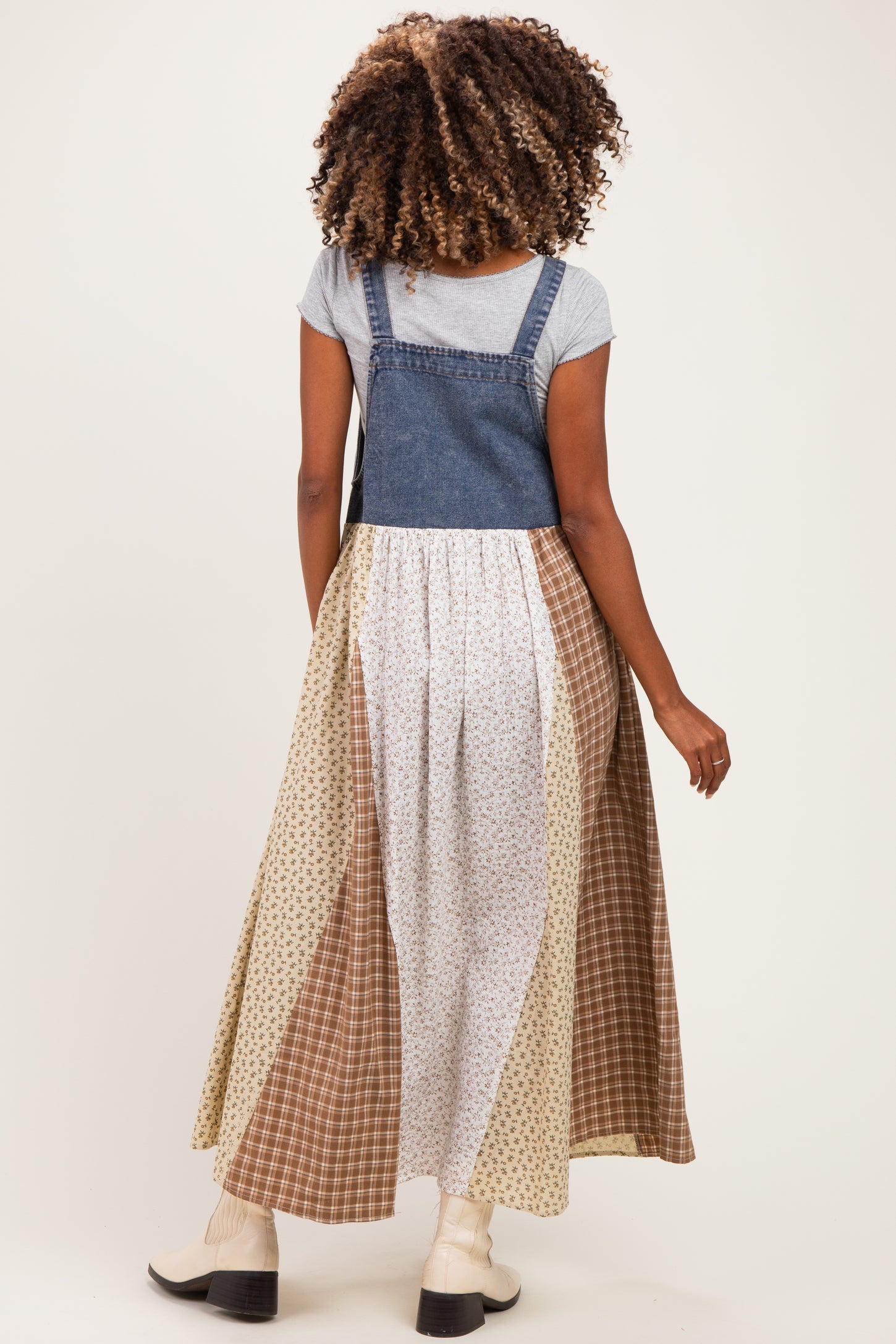 woman wearing a denim and printed maternity maxi dress with a t-shirt underneath, showing a baby bump from the back