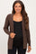 woman wearing a brown ribbed maternity cardigan over a black tank top, showing her baby bump