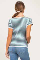 woman wearing a striped maternity top with short sleeves, shown from the back, paired with blue jeans
