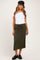 woman wearing a white short sleeve maternity top and an olive green maternity maxi skirt with drawstring detail