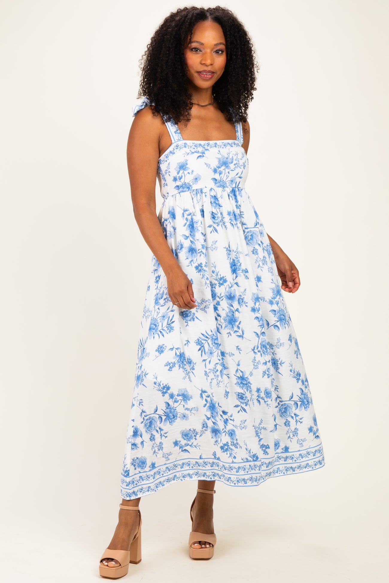 Light Blue Floral Shoulder Tie Maternity Midi Dress