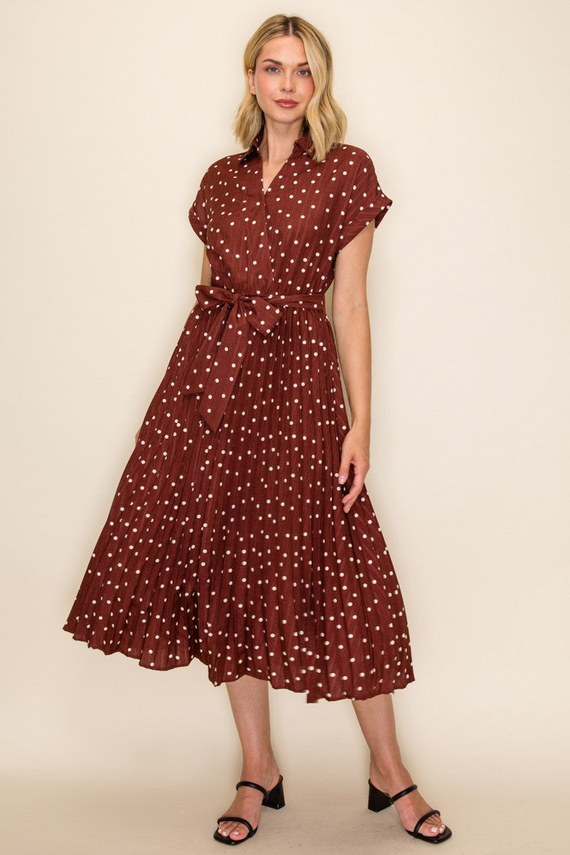 Brown Polka Dot Pleated Maternity Midi Dress
