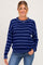 woman wearing a navy blue striped maternity sweater with long sleeves and a relaxed fit