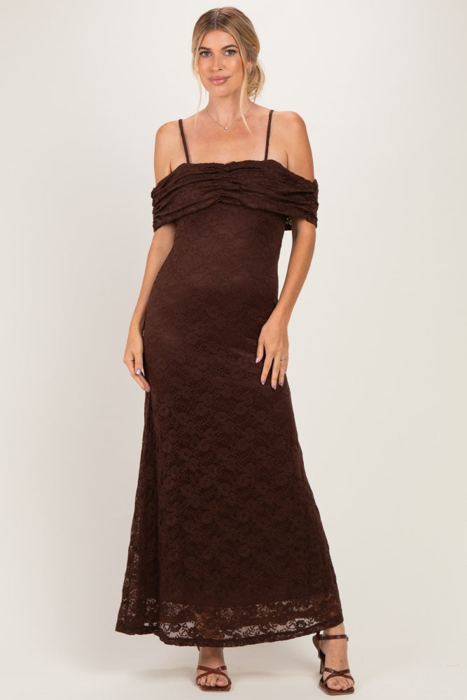 Brown Lace Off Shoulder Maternity Maxi Dress