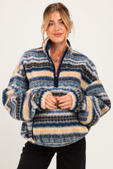 woman wearing a multicolored striped fleece maternity pullover with a half zipper and cozy fit