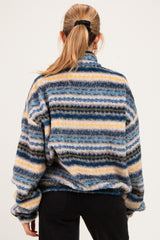 woman wearing a multicolored striped maternity fleece pullover with a high collar, visible from the back