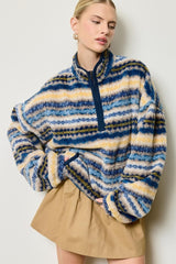 Blue Printed Fleece Oversized Half Zip Maternity Pullover