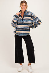 Blue Printed Fleece Oversized Half Zip Maternity Pullover
