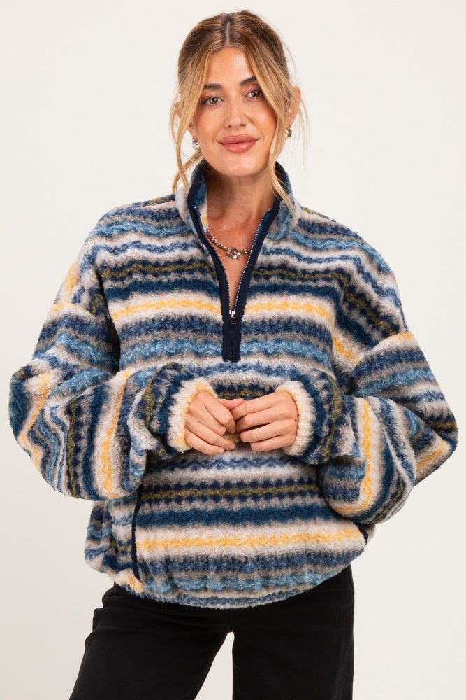 Blue Printed Fleece Oversized Half Zip Maternity Pullover