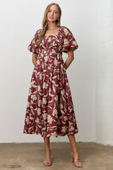 Mahogany Floral Square Neck Puff Sleeve Midi Dress