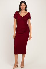 Burgundy Knit Twisted Bust Short Sleeve Midi Dress