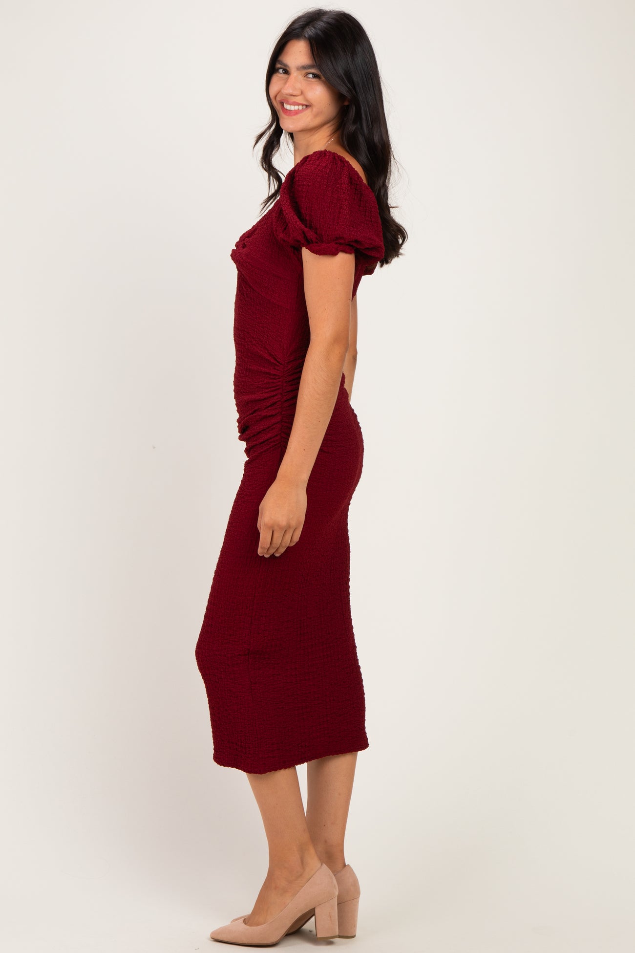 Burgundy Knit Twisted Bust Short Sleeve Midi Dress