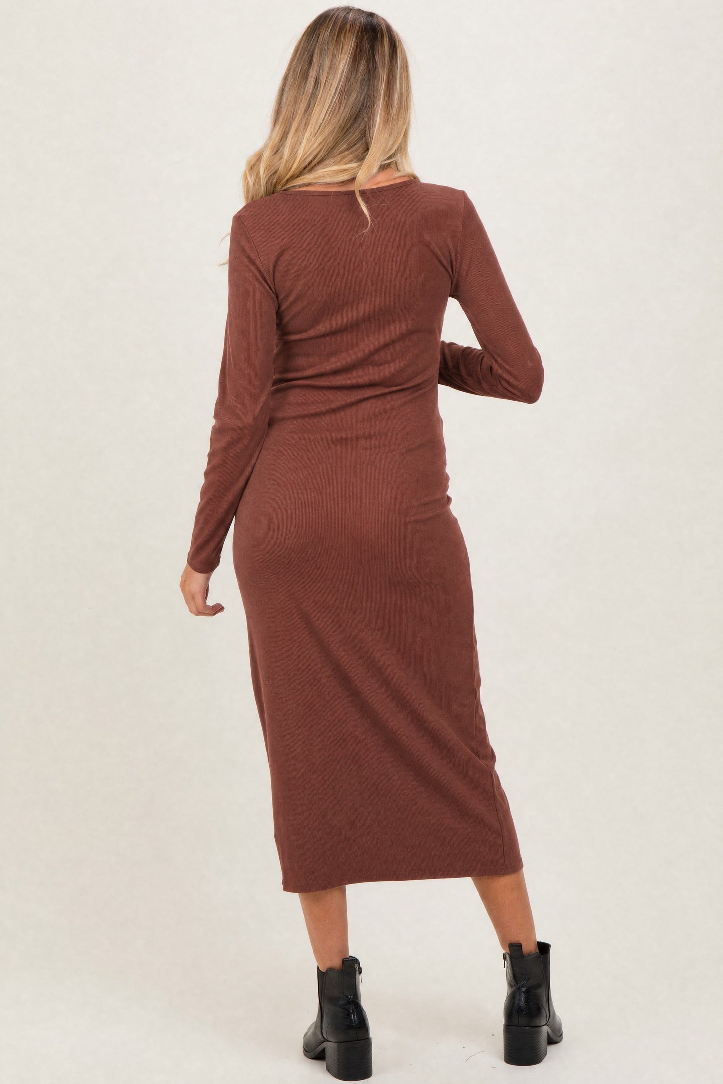 Brown Scoop Neck Long Sleeve Maternity Midi Dress