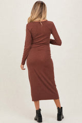 Brown Scoop Neck Long Sleeve Maternity Midi Dress