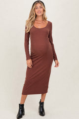 Brown Scoop Neck Long Sleeve Maternity Midi Dress