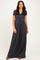 woman wearing a dark gray short sleeve maxi dress with a wrap-style bodice and pleated detailing