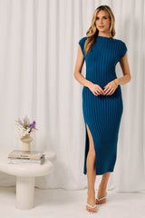 Dark Teal Wide Rib Side Slit Maternity Midi Dress