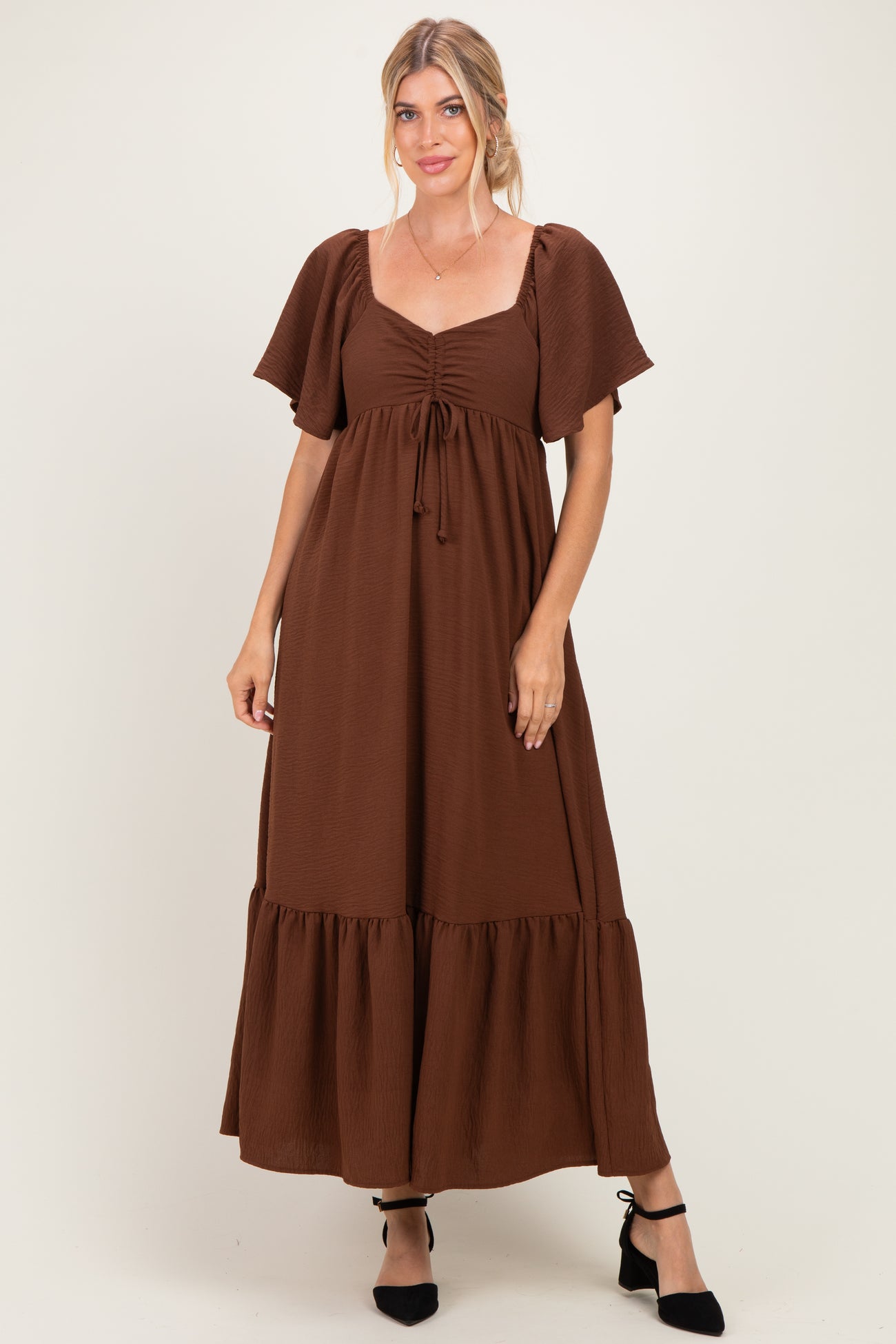 Brown Flutter Sleeve Ruffle Hem Maternity Maxi Dress