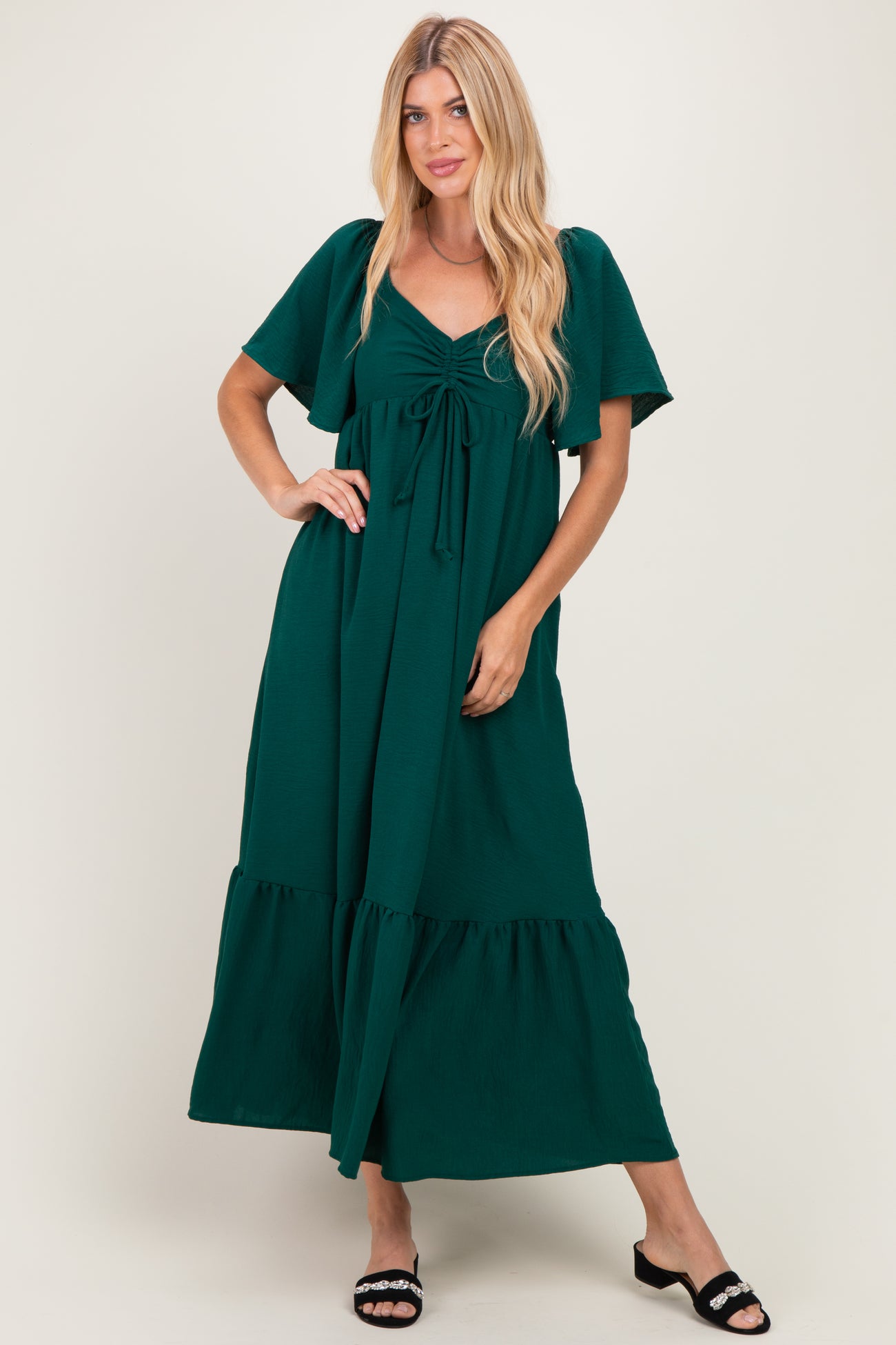Hunter Green Flutter Sleeve Ruffle Hem Maternity Maxi Dress