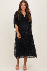 Black Embroidered Tulle Dolman V-Neck Maternity Midi Dress