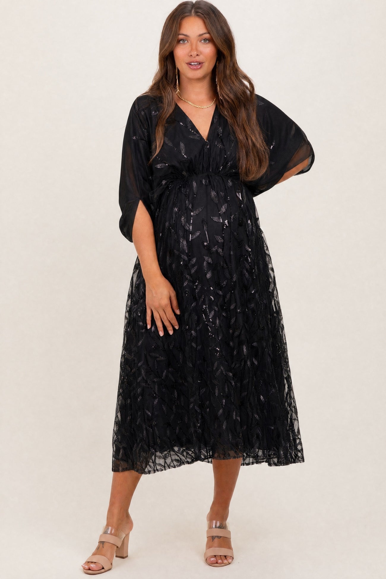 Black Embroidered Tulle Dolman V-Neck Maternity Midi Dress