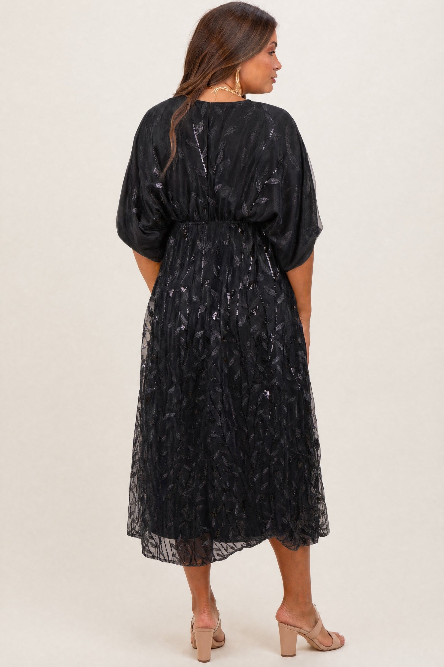 Black Embroidered Tulle Dolman V-Neck Maternity Midi Dress