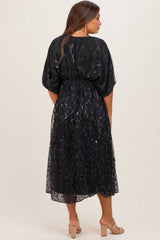 Black Embroidered Tulle Dolman V-Neck Maternity Midi Dress