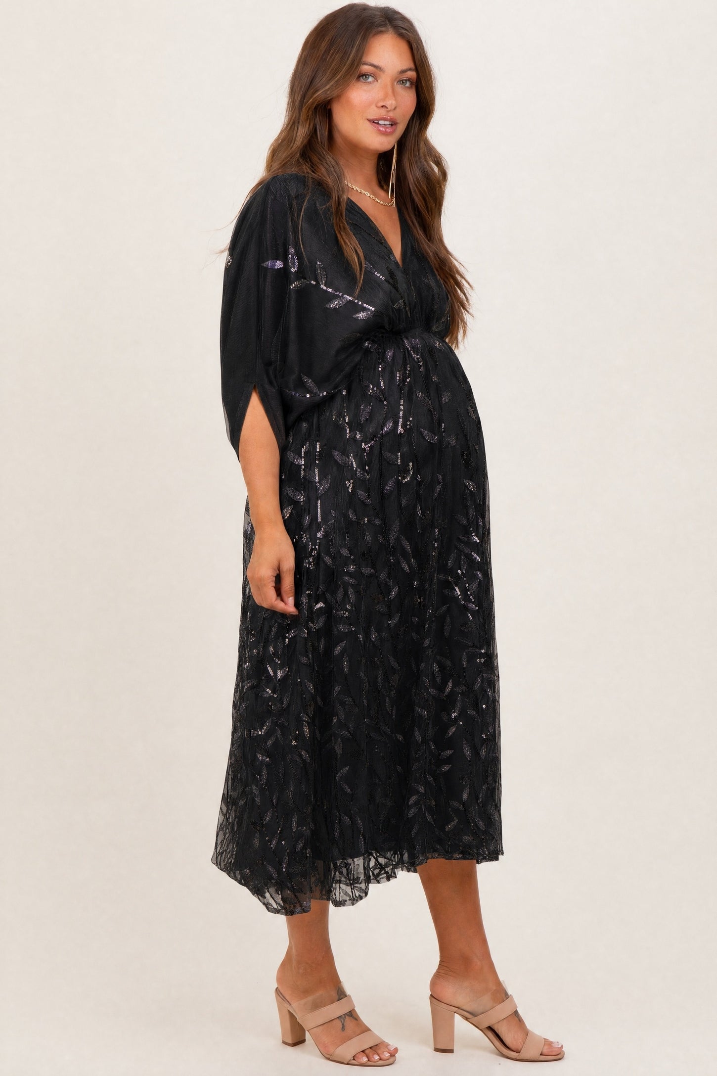 Black Embroidered Tulle Dolman V-Neck Maternity Midi Dress