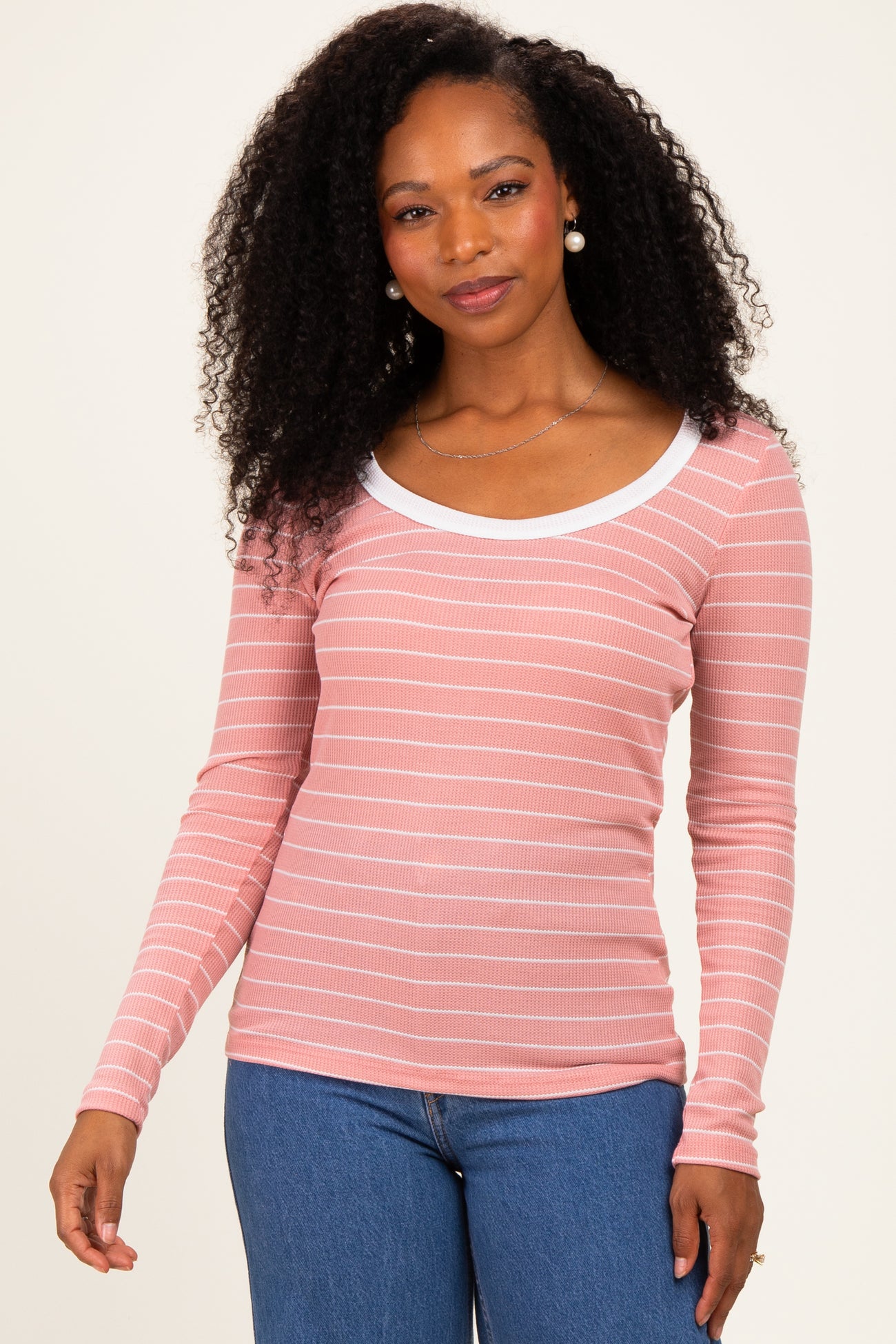 Coral Striped Long Sleeve Scoop Neck Maternity Top
