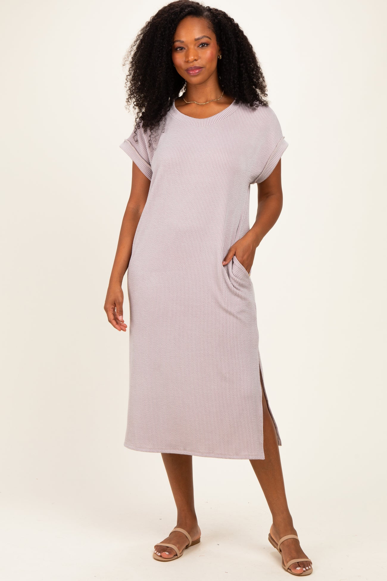Beige Short Sleeve Ribbed Maternity Maxi Dress