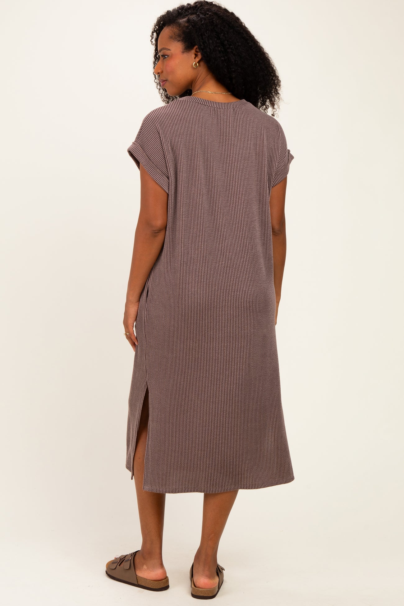 Brown Short Sleeve Ribbed Maxi Dress