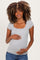 woman wearing a grey short sleeve maternity top and holding her baby bump