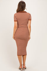 woman wearing a brown and cream striped bodycon maternity dress, fitted silhouette, shown from the back