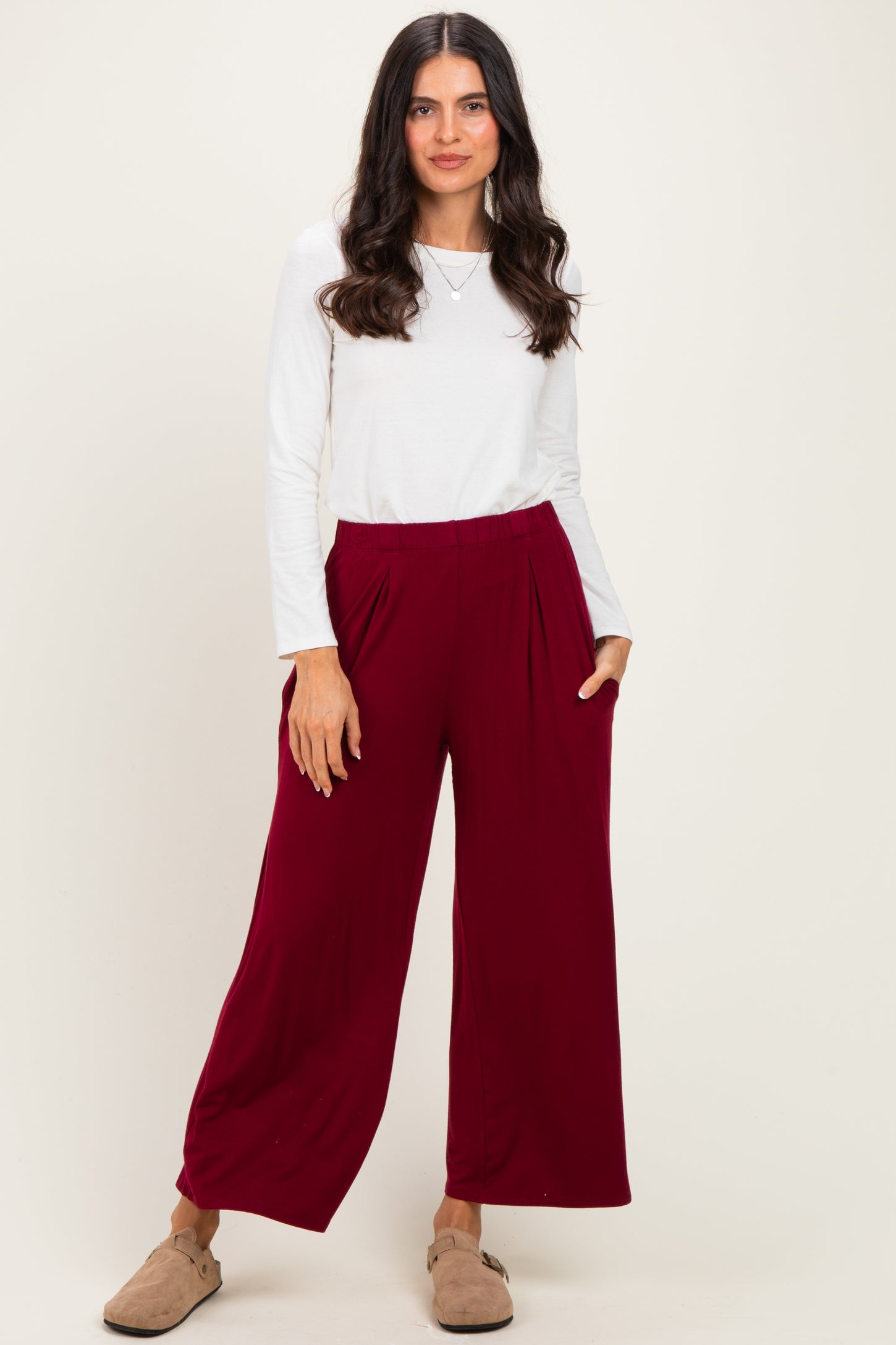 Dark Burgundy Wide Leg Ankle Maternity Lounge Pants