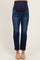 woman wearing dark blue maternity jeans with a supportive belly panel and straight leg cut