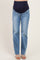 woman wearing light blue maternity jeans with a dark blue over-the-bump waistband