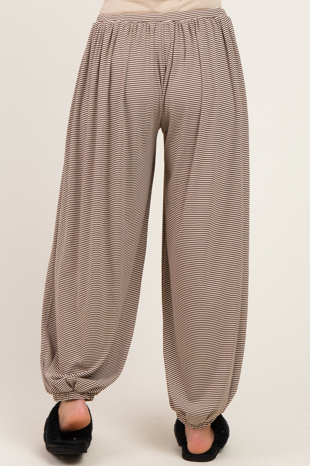 Brown Striped Knit Drawstring Maternity Pants