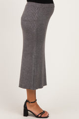 maternity wear grey ribbed knit midi skirt with a fitted waistband, model showing a visible baby bump