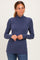 woman wearing a navy ribbed long sleeve mock neck top with fitted silhouette and slight stretch