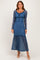 woman wearing a blue lace long sleeve maxi dress with a ruffled hem and a fitted bodice