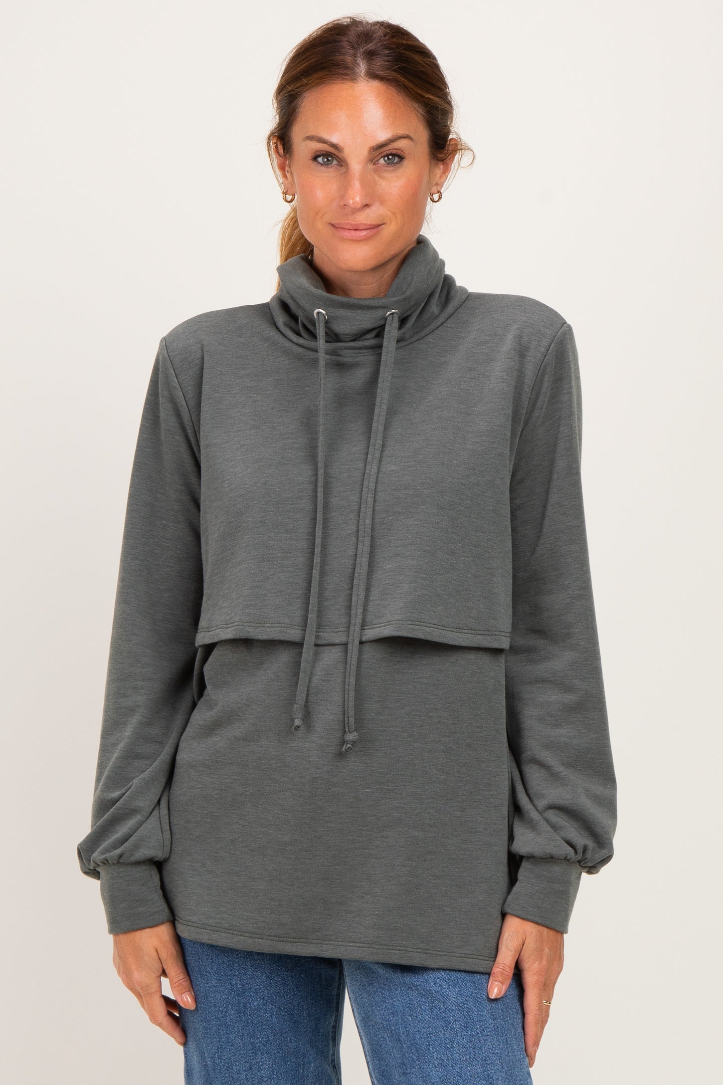 Olive Long Sleeve Drawstring Hooded Maternity Pullover