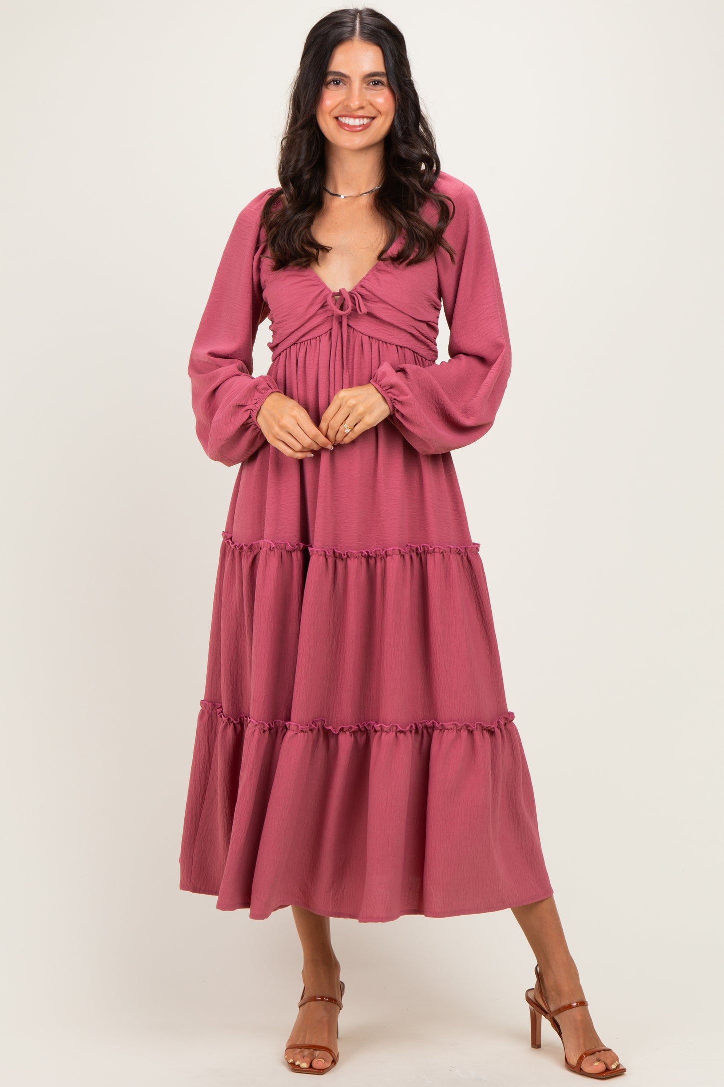 Mauve Tiered Long Sleeve V-Neck Maternity Maxi Dress