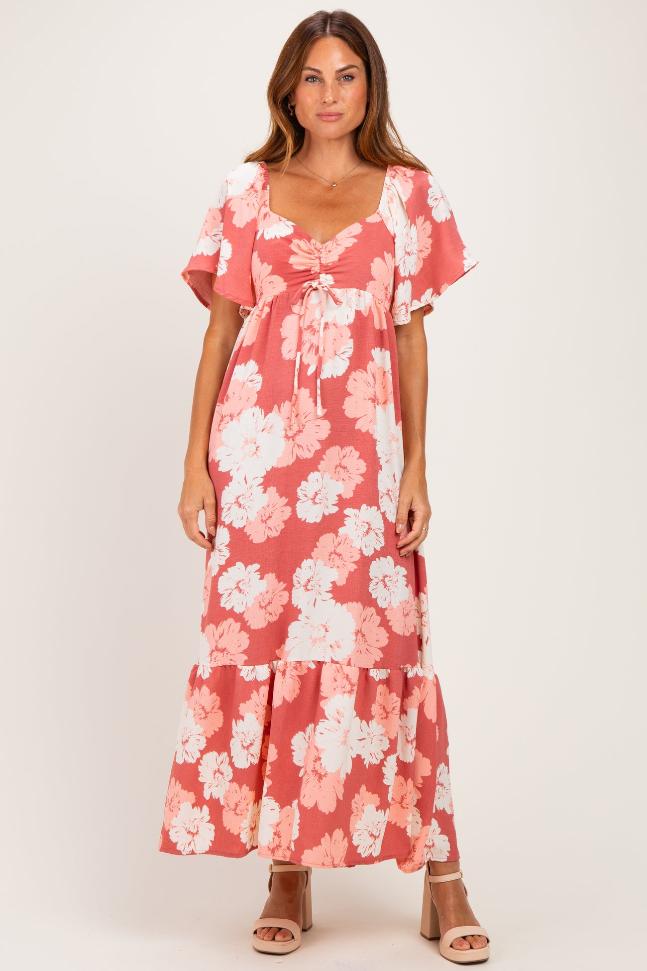 Pink/ Ivory Floral Ruched Bust Flutter Sleeve Maternity Maxi Dress